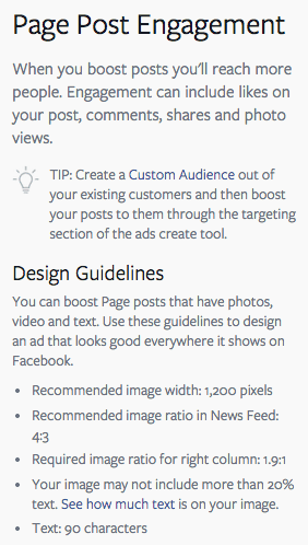 specifications annonces facebook