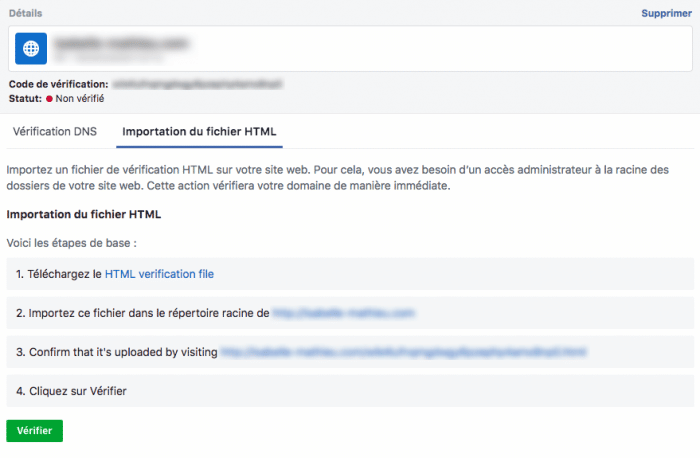 importation fichier html domaine verifie facebook