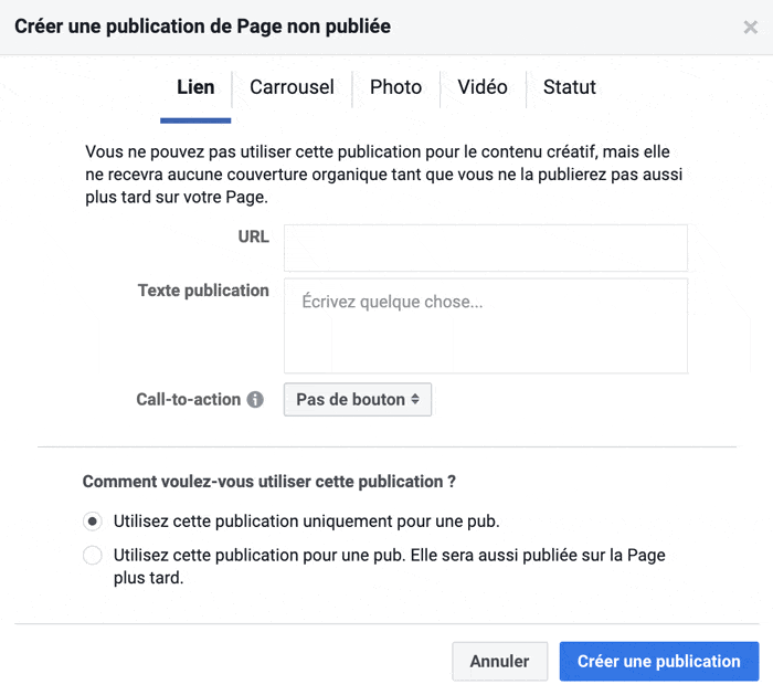 facebook creer publication page non publiee