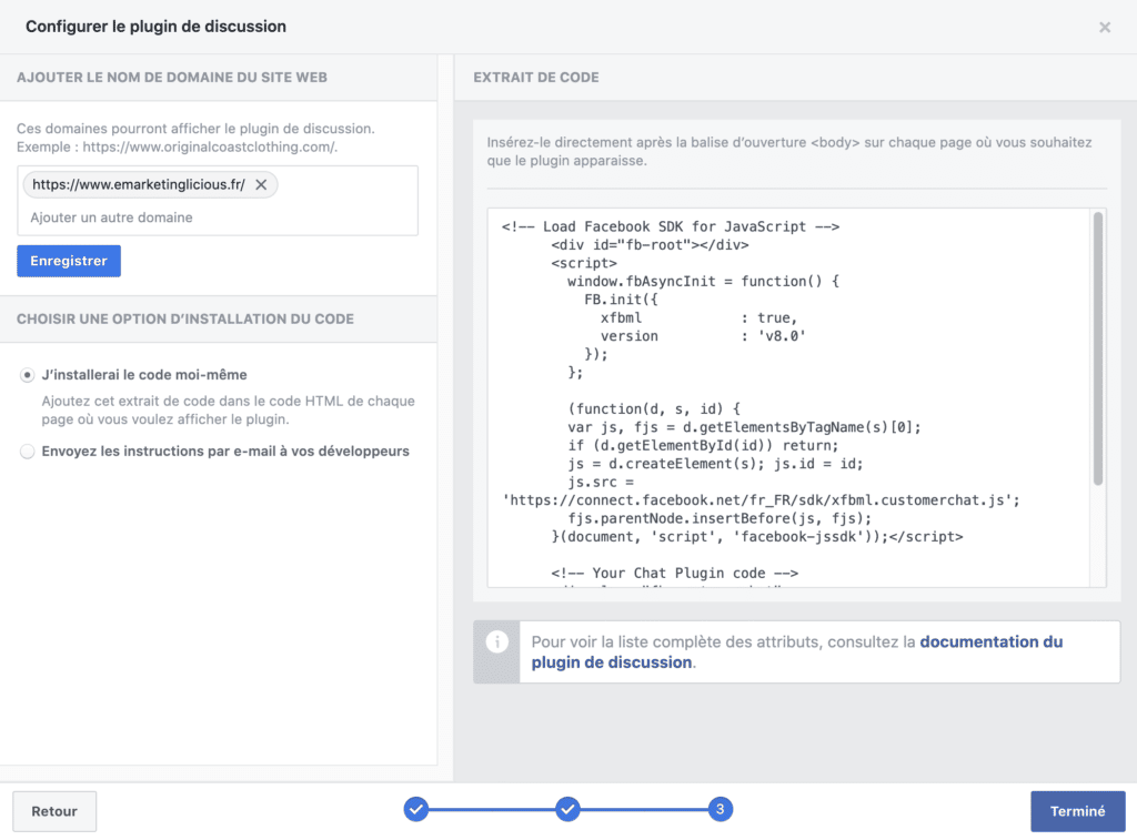 code pour le live chat Facebook Messenger à ajouter sur votre site web WordPress