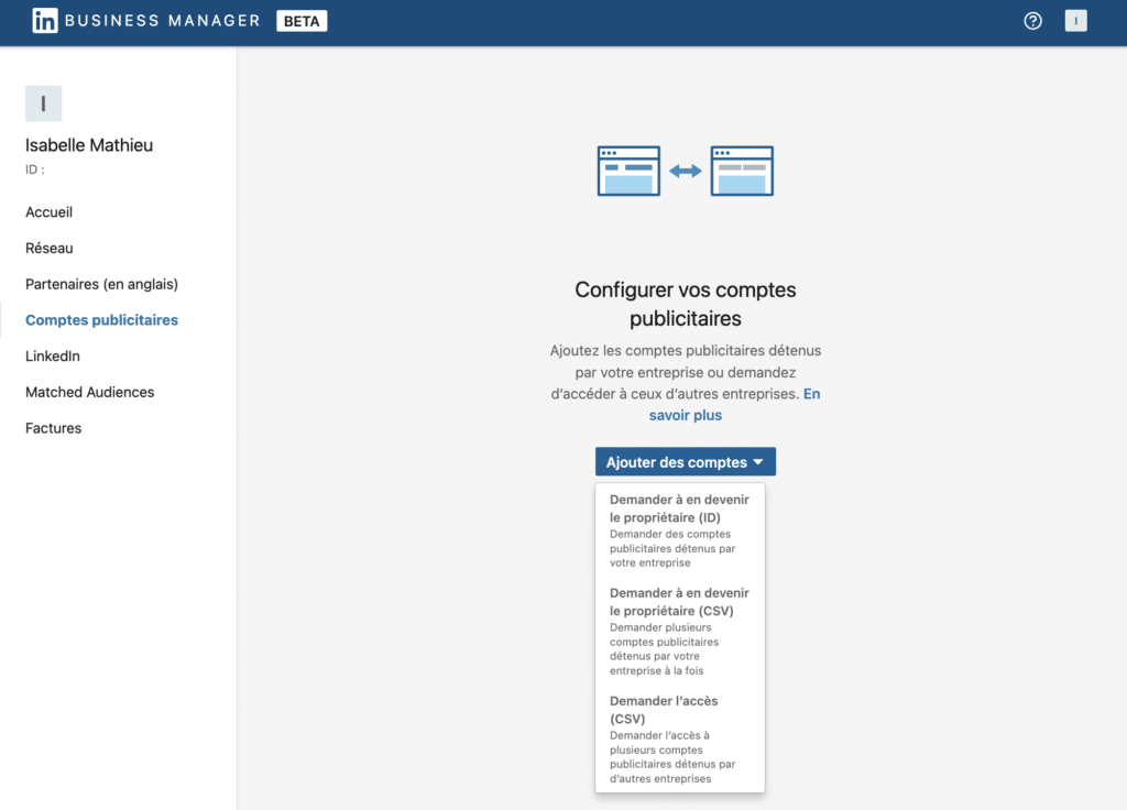 comment ajouter un compte publicitaire dans le Business Manager LinkedIn