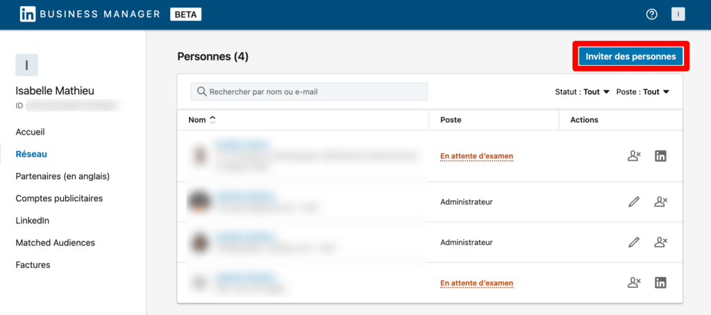 Inviter des personnes dans le business manager LinkedIn