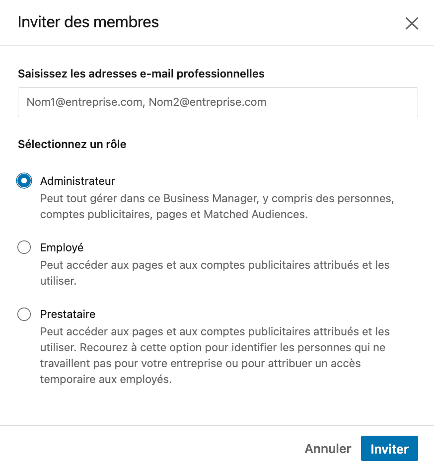 3 rôles pour les membres du Business manager LinkedIn