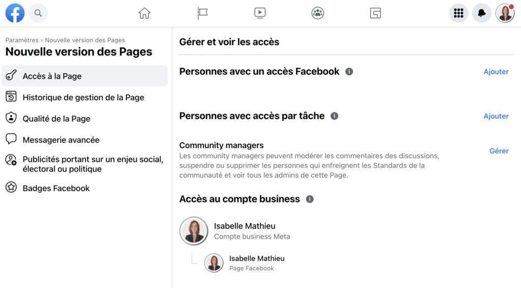 acces page facebook administrateur