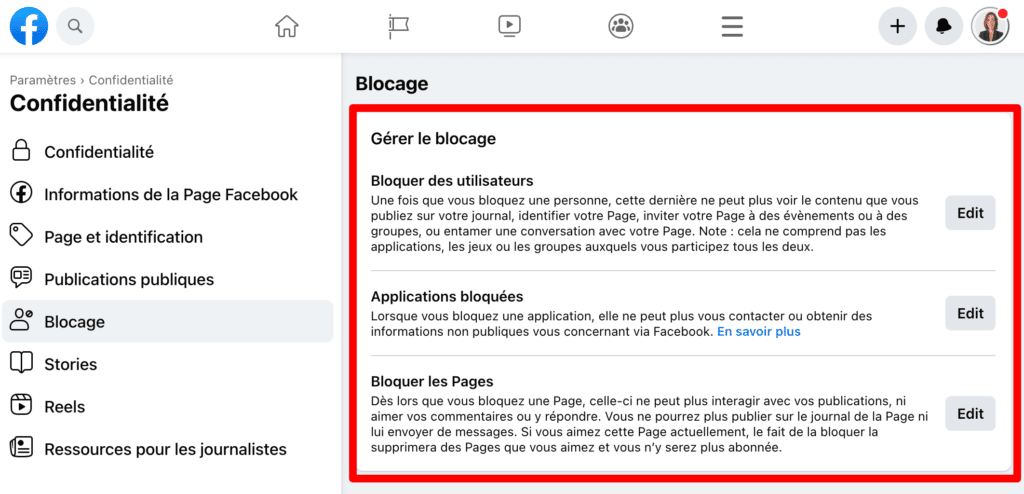 Blocage page Facebook