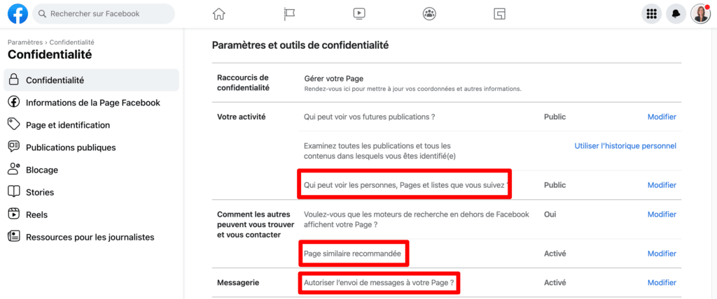 confidentialité page facebook