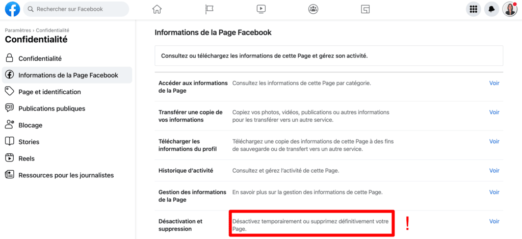 informations de la page facebook