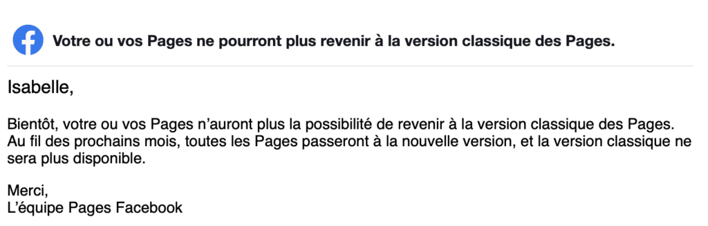 remplacement des pages facebook classiques par la version des pages facebook nouvelle