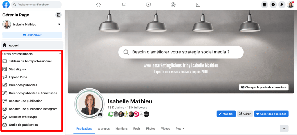 outils professionnels page facebook
