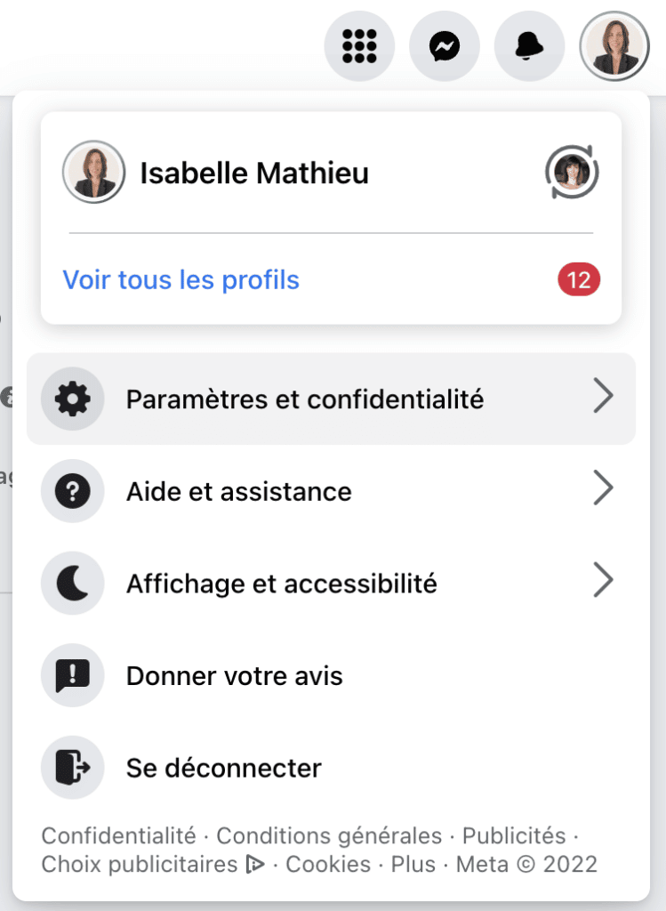 Paramètres et confidentialité page Facebook