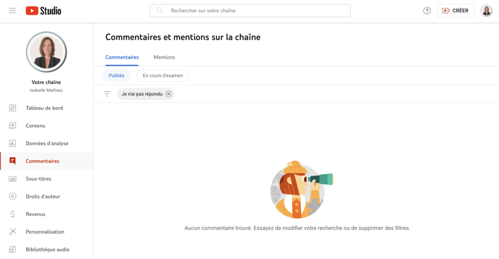 youtube studio commentaires mentions