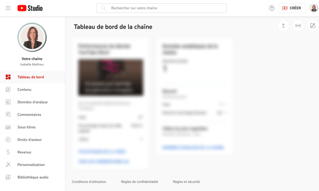 youtube studio tableau de bord