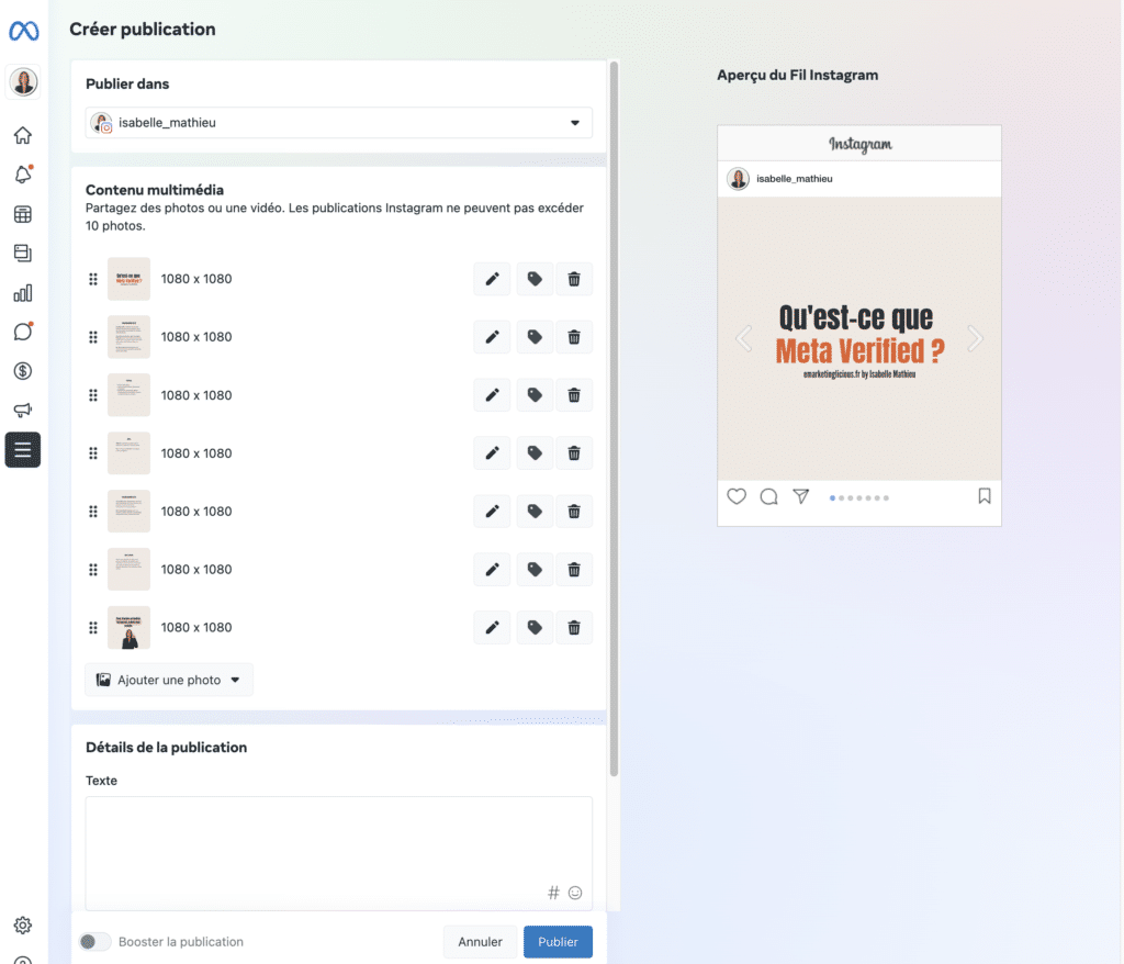 Publier un carrousel Instagram depuis la Meta Business Suite