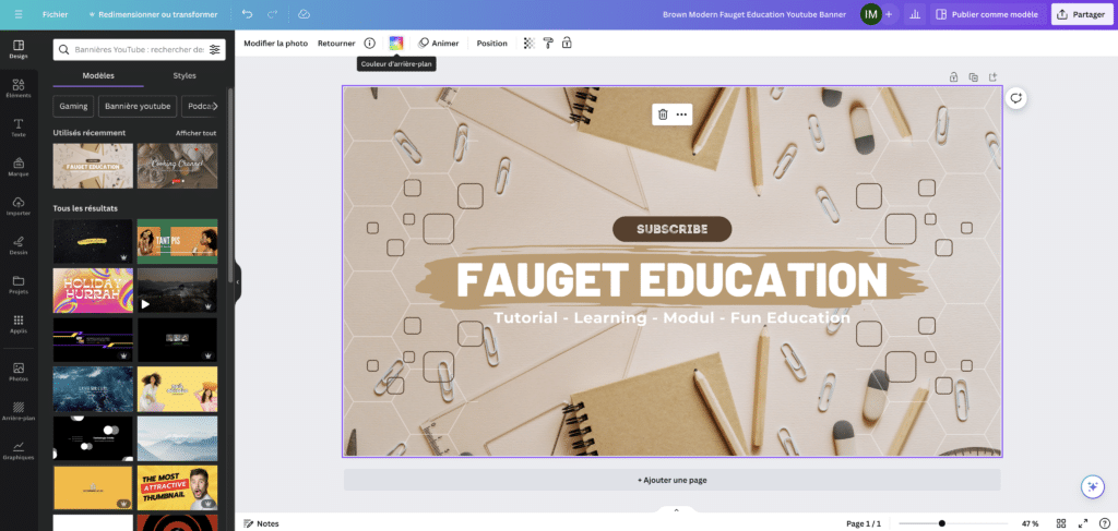 banniere youtube couleur arriere plan canva