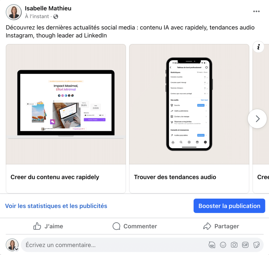 créer un carrousel facebook organique