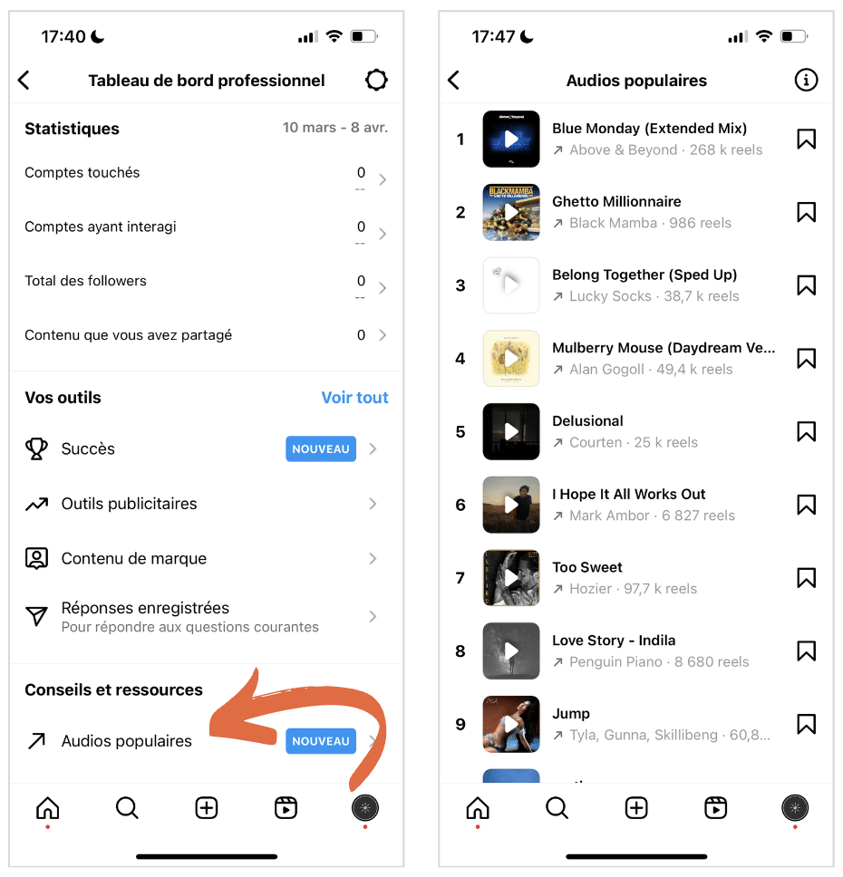 musiques instagram tendances audios populaires tableau de bord professionnel