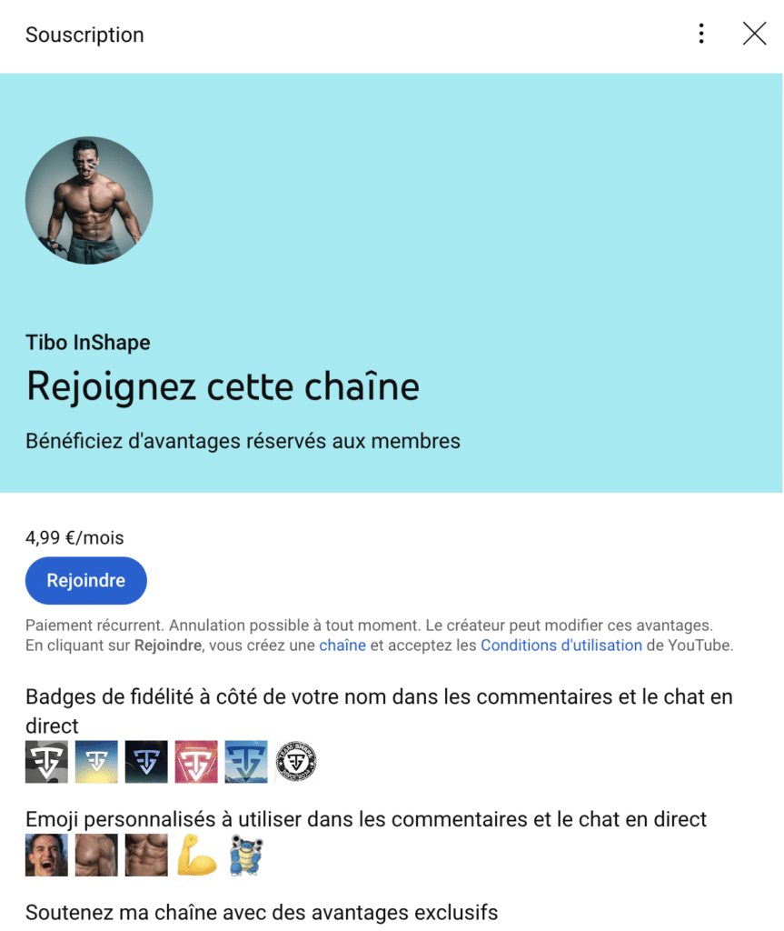 Exemple d’abonnement payant YouTube proposé par Tibo InShape, illustrant la monétisation par contenus exclusifs et avantages réservés aux membres.