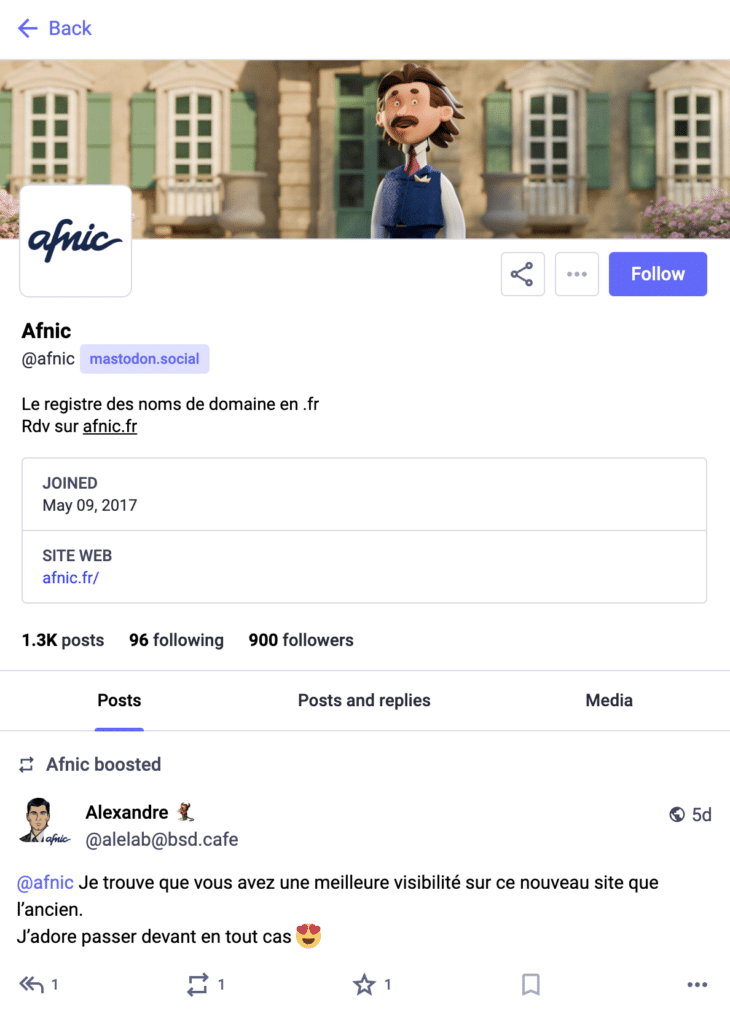 Profil Mastodon de l’AFNIC avec bannière illustrée, informations de compte, statistiques d’activité et un message d’utilisateur mentionnant l’AFNIC.