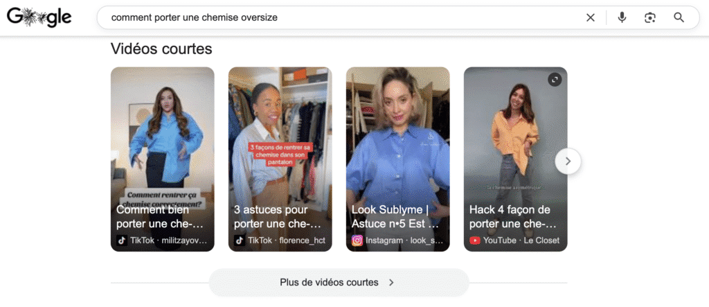 Exemple de résultats Google affichant des Reels Instagram dans le bloc Vidéos courtes aux côtés de TikTok et YouTube Shorts