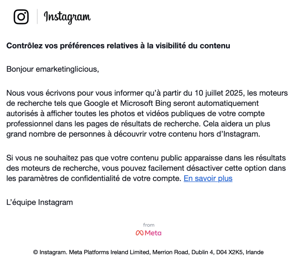 Notification Instagram informant que les contenus publics des comptes professionnels seront indexés par Google et Bing à partir du 10 juillet 2025