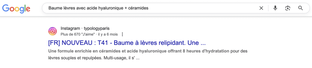 Exemple d’un post Instagram affiché directement dans les résultats de recherche Google, au même niveau qu’un article ou une fiche produit, illustrant l’indexation des contenus publics Instagram par Google.